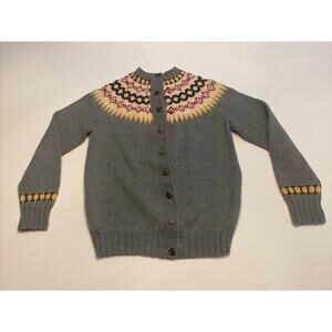 Vintage 50s Grandma Button Cardigan Sweater Wool Blue Knit Medium M Fair Isle